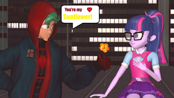 Size: 2560x1440 | Tagged: safe, artist:mr-wolfapex, sci-twi, timber spruce, twilight sparkle, equestria girls, g4, 3d, female, flower, male, miles morales, shipping, speech bubble, spider-man, spider-man: into the spider-verse, straight, sunflower, timbertwi