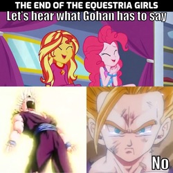 Size: 710x710 | Tagged: safe, edit, edited screencap, screencap, pinkie pie, sunset shimmer, equestria girls, equestria girls specials, g4, my little pony equestria girls: better together, my little pony equestria girls: sunset's backstage pass, angry, crying, female, laughing, male, meme, memeception, son gohan, super saiyan 2, the end of equestria girls, transformation