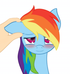 Size: 390x413 | Tagged: safe, artist:ratofdrawn, edit, edited edit, rainbow dash, human, pegasus, pony, g4, animated, blushing, cute, dashabetes, ear flick, ear scratch, explicit source, female, hand, mare, offscreen character, petting, sfw edit, simple background, smiling