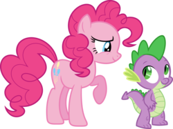 Size: 1034x773 | Tagged: safe, artist:porygon2z, pinkie pie, spike, dragon, earth pony, pony, g4, owl's well that ends well, cute, duo, female, looking at each other, looking at someone, looking at you, male, mare, raised hoof, ship:pinkiespike, shipping, simple background, smiling, smiling at each other, straight, transparent background, vector