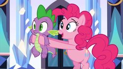 Size: 853x480 | Tagged: safe, screencap, pinkie pie, spike, dragon, earth pony, pony, g4, the crystal empire, crystal empire, cute, female, happy, holding a dragon, male, mare