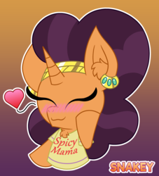 Size: 2000x2200 | Tagged: safe, artist:snakeythingy, saffron masala, pony, g4, blushing, clothes, gradient background, heart, high res, shirt