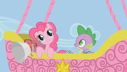 Size: 1280x720 | Tagged: safe, screencap, pinkie pie, spike, dragon, earth pony, pony, g4, female, hot air balloon, male, mare, megaphone, microphone