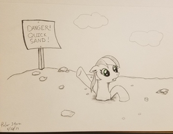 Size: 2768x2152 | Tagged: safe, artist:polar_storm, earth pony, pony, female, high res, mare, monochrome, peril, quicksand, sign, solo, traditional art