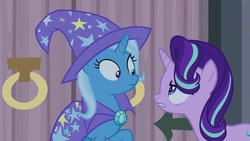 Size: 1920x1080 | Tagged: safe, screencap, starlight glimmer, trixie, pony, g4, student counsel, cape, clothes, hat, trixie's cape, trixie's hat