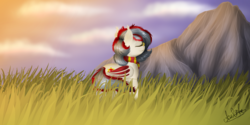 Size: 2400x1200 | Tagged: safe, artist:aselita selter, oc, oc only, oc:alexia goldgear, bat pony, pony, clothes, glasses, grass, mountain, scarf, valley