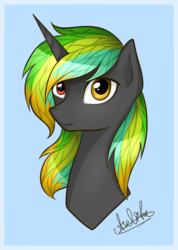 Size: 1080x1520 | Tagged: safe, artist:aselita selter, oc, oc only, oc:izri, pony, unicorn, bust, heterochromia, looking at you, portrait, signature, solo