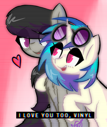 Size: 800x950 | Tagged: safe, artist:provolonepone, dj pon-3, octavia melody, vinyl scratch, earth pony, pony, unicorn, g4, colored pupils, eye clipping through hair, female, gradient background, lesbian, mare, ship:scratchtavia, shipping, vinyl's glasses