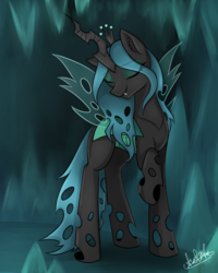 Size: 2000x2500 | Tagged: safe, artist:aselita selter, queen chrysalis, changeling, changeling queen, g4, cave, crown, eyes closed, female, high res, jewelry, regalia, solo