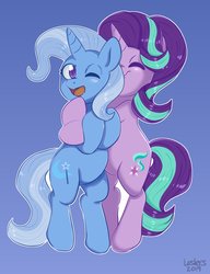 Size: 1575x2048 | Tagged: safe, artist:leslers, starlight glimmer, trixie, pony, unicorn, g4, bipedal, cute, diatrixes, duo, duo female, female, glimmerbetes, hug, lesbian, mare, nuzzling, ship:startrix, shipping