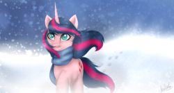 Size: 2800x1500 | Tagged: safe, artist:aselita selter, oc, oc only, oc:aselita selter, pony, clothes, scarf, snow, solo, storm