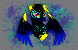 Size: 2800x1800 | Tagged: safe, artist:aselita selter, oc, oc only, oc:maksex, griffon, abstract background, bust, looking at you, neon, portrait, solo