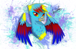 Size: 2800x1800 | Tagged: safe, alternate version, artist:aselita selter, oc, oc only, oc:maksex, griffon, abstract background, bust, looking at you, neon, portrait, solo