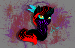 Size: 2800x1800 | Tagged: safe, artist:aselita selter, oc, oc only, oc:azelf, pony, unicorn, abstract background, bandana, bust, colored pupils, ear piercing, earring, jewelry, looking at you, neon, piercing, portrait, slit pupils, solo