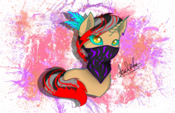 Size: 2800x1800 | Tagged: safe, alternate version, artist:aselita selter, oc, oc only, oc:azelf, pony, unicorn, abstract background, bandana, bust, colored pupils, ear piercing, earring, jewelry, looking at you, neon, piercing, portrait, slit pupils, solo
