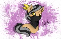 Size: 2800x1800 | Tagged: safe, alternate version, artist:aselita selter, oc, oc only, oc:azelf, pony, unicorn, abstract background, bandana, black sclera, bust, colored pupils, ear piercing, earring, jewelry, looking at you, piercing, portrait, slit pupils, solo