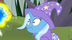 Size: 1280x720 | Tagged: safe, screencap, trixie, bee, flash bee, pony, a horse shoe-in, g4, cape, clothes, faic, female, hat, mare, shrunken pupils, trixie's cape, trixie's hat