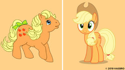 Size: 1024x576 | Tagged: safe, applejack, applejack (g1), earth pony, pony, g1, g4, official, bow, comparison, cowboy hat, duality, female, hair bow, hat, looking at you, looking up, mare, orange background, ponytail, raised hoof, simple background, stetson