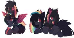 Size: 1920x989 | Tagged: safe, artist:php146, oc, oc only, oc:ayaka, oc:masashi, earth pony, pegasus, pony, alternate design, choker, eye clipping through hair, female, male, mare, necktie, ponified, prone, rainbow hair, simple background, species swap, spiked choker, stallion, white background