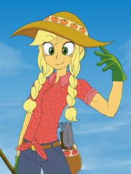 Size: 2448x3264 | Tagged: safe, artist:haibaratomoe, applejack, human, equestria girls, g4, breasts, clothes, cottagecore, delicious flat chest, farmer, female, gardening, gloves, hat, high res, ponytail, solo, summer