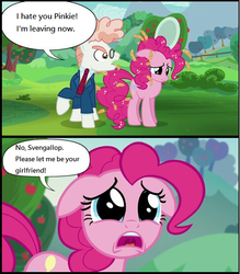 Size: 484x552 | Tagged: safe, edit, edited screencap, screencap, pinkie pie, svengallop, g4, the mane attraction, apple tree, comic, female, floppy ears, food, go to sleep svengallop, male, oats, op is a duck, op is trying to start shit, sad, ship sinking, ship:svenpie, shitposting, straight, tree, why