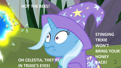 Size: 1280x720 | Tagged: safe, edit, edited screencap, screencap, trixie, bee, flash bee, pony, a horse shoe-in, g4, dialogue, faic, nicolas cage, not the bees, the wicker man