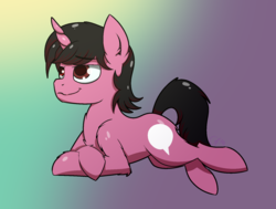 Size: 1622x1225 | Tagged: safe, artist:luxsimx, oc, oc only, oc:chippersmiles, pony, unicorn, abstract background, black mane, black tail, crossed legs, fluffy, heterochromia, looking up, lying down, male, pink, pink coat, solo, stallion, tail