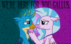 Size: 6340x3900 | Tagged: safe, artist:ejlightning007arts, edit, gallus, silverstream, griffon, hippogriff, g4, absurd resolution, crying, female, fixed spelling, hand on cheek, implied student six, jewelry, male, necklace, sad, ship:gallstream, shipping, straight, support