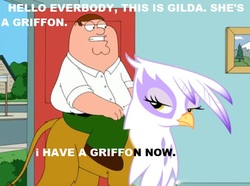 Size: 795x592 | Tagged: safe, edit, editor:thomasfan45, gilda, griffon, human, g4, door, family guy, female, frown, gritted teeth, humans riding griffons, lidded eyes, male, meme, peter griffin, riding, talking, text, unamused