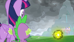 Size: 1920x1080 | Tagged: safe, screencap, spike, twilight sparkle, alicorn, dragon, pony, windigo, g4, the ending of the end, leak, canterlot castle, cloud, destroyed, implied grogar, out of focus, pony history, portal, ruins, ruins of canterlot, snow, snowfall, tree, twilight sparkle (alicorn), winged spike, wings