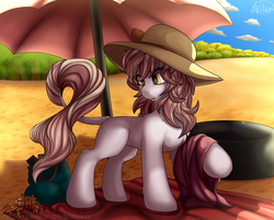 Size: 4416x3543 | Tagged: safe, artist:avery-valentine, oc, oc only, crab, earth pony, pony, bag, beach, beach blanket, female, hat, leonine tail, looking at something, mare, solo, sun hat, umbrella