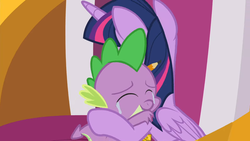 Size: 1600x900 | Tagged: safe, screencap, spike, twilight sparkle, alicorn, dragon, pony, g4, the ending of the end, leak, crying, cute, female, hug, male, pencil, series finale, spikabetes, spikelove, tears of joy, the end, twilight sparkle (alicorn), winged spike, wings