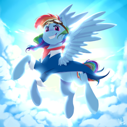Size: 1450x1450 | Tagged: safe, artist:kiarawizard01, rainbow dash, pegasus, pony, g4, alternate hairstyle, backlighting, clothes, female, flying, goggles, grin, mare, smiling, solo