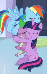 Size: 500x786 | Tagged: safe, screencap, rainbow dash, spike, twilight sparkle, alicorn, dragon, pegasus, pony, g4, the ending of the end, leak, cropped, cute, dashabetes, eyes closed, female, hug, male, series finale, spikabetes, spikelove, the end, twiabetes, twilight sparkle (alicorn), underfoot, winged spike, wings