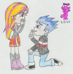 Size: 1024x1040 | Tagged: safe, artist:stella-exquisa, flash sentry, sunset shimmer, equestria girls, g4, female, male, marriage proposal, ring, ship:flashimmer, shipping, straight, traditional art