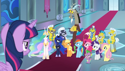 Size: 1280x720 | Tagged: safe, screencap, applejack, discord, fluttershy, jade barricade, pinkie pie, princess celestia, princess luna, rainbow dash, rarity, silver sable, spike, twilight sparkle, windstorm, alicorn, draconequus, dragon, earth pony, pegasus, pony, unicorn, g4, the ending of the end, applejack is not amused, baby dragon, canterlot castle, celestia is not amused, chestplate, crossed arms, crown, ethereal mane, ethereal tail, female, flowing mane, flowing tail, frown, glare, guardsmare, hoof shoes, jewelry, luna is not amused, male, mane seven, mane six, mare, multicolored mane, multicolored tail, narrowed eyes, peytral, ponytail, rainbow dash is not amused, raised eyebrow, rarity is not amused, regalia, royal guard, spike is not amused, stained glass, stallion, throne room, twilight sparkle (alicorn), twilight sparkle is not amused, unamused, unicorn royal guard, unnamed character, unnamed pony, wall of tags, winged spike, wings