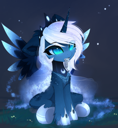 Size: 3333x3590 | Tagged: safe, artist:magnaluna, princess luna, alicorn, mouse, pony, g4, behaving like a cat, catching, cheek fluff, chest fluff, crown, cute, ear fluff, ethereal mane, eye clipping through hair, female, high res, jewelry, leg fluff, lunabetes, mare, mouth hold, regalia, sitting, solo, spread wings, wings