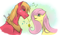 Size: 1235x713 | Tagged: safe, artist:shybaldur, big macintosh, fluttershy, earth pony, pegasus, pony, g4, eye contact, female, looking at each other, male, mare, music notes, ship:fluttermac, shipping, singing, stallion, straight, straw in mouth