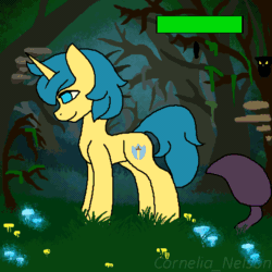 Size: 1350x1350 | Tagged: safe, artist:cornelia_nelson, oc, oc only, pony, unicorn, animated, everfree forest, forest, game hud, gif, pixel art, scared, tentacles, tired