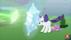 Size: 1280x720 | Tagged: safe, screencap, rarity, spike, g4, the ending of the end, leak, barrier, force field, magic, shield