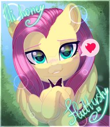 Size: 831x961 | Tagged: safe, artist:auroracursed, fluttershy, butterfly, pegasus, pony, blushing, bust, cute, deviantart watermark, female, front view, full face view, heart, hi, hooves to the chest, looking at you, mare, name, obtrusive watermark, outdoors, pictogram, portrait, shyabetes, smiling, solo, speech bubble, watermark, wings
