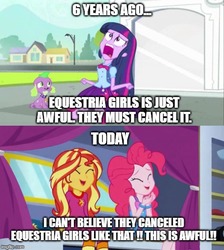 Size: 500x559 | Tagged: safe, screencap, pinkie pie, spike, sunset shimmer, twilight sparkle, alicorn, dog, equestria girls, equestria girls specials, g4, my little pony equestria girls, my little pony equestria girls: better together, my little pony equestria girls: sunset's backstage pass, caption, comparison, equestria girls drama, exploitable meme, horrified, meme, screaming, spike the dog, text, the end of equestria girls, twilight sparkle (alicorn), twiscream, wondercolt statue