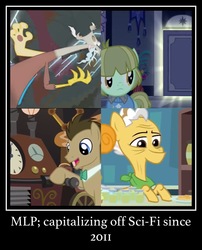 Size: 710x878 | Tagged: safe, screencap, danny trottance, discord, doctor whooves, grand pear, time turner, earth pony, pony, g4, make new friends but keep discord, slice of life (episode), the perfect pear, the return of harmony, cropped, danny torrance, glowing, lever, lightning, male, meme, pear jam, science fiction, smiling, time travel