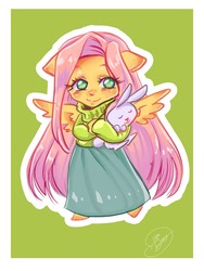 Size: 886x1177 | Tagged: safe, artist:dinakyo, angel bunny, fluttershy, anthro, g4, chibi, clothes, crossed arms, duo, floppy ears, looking at you, outline, simple background, skirt, smiling, spread wings, standing, sweater, sweatershy, white outline, wings