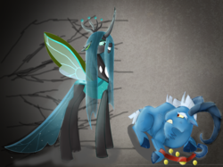 Size: 1341x1001 | Tagged: safe, artist:mr100dragon100, grogar, queen chrysalis, changedling, changeling, changeling queen, dark changedling, sheep, g4, cloven hooves, duo, female, gray background, male, purified chrysalis, ram, reformed, simple background, transparent mane