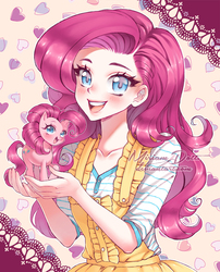 Size: 700x868 | Tagged: safe, artist:miriamdott, pinkie pie, human, pony, g4, anime, beautiful, blushing, clothes, cute, diapinkes, dress, female, heart, human ponidox, humanized, looking at you, no more ponies at source, open mouth, self ponidox, tiny, tiny ponies