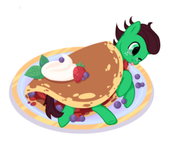 Size: 2382x2121 | Tagged: safe, artist:funfoxyt, oc, oc:northern haste, pony, blueberry, blushing, food, high res, horse meat, meat, mint leaves, pancakes, person as food, simple background, strawberry, tongue out, transparent background, whipped cream
