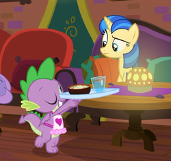Size: 588x555 | Tagged: safe, screencap, mystic moonlight, spike, dragon, pony, unicorn, g4, the point of no return, apron, clothes, cropped, cute, female, food, male, mare, naked apron, one eye closed, raised leg, spikabetes, tail, tray, winged spike, wings, wink