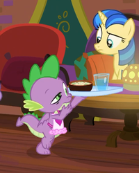 Size: 454x567 | Tagged: safe, screencap, mystic moonlight, spike, dragon, pony, unicorn, g4, the point of no return, apron, clothes, cropped, female, food, male, mare, naked apron, tail, toes, tray, water, winged spike, wings