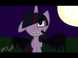 Size: 480x360 | Tagged: safe, artist:geminijade♥♥, twilight sparkle, alicorn, pony, vampire, g4, eye clipping through hair, fangs, female, full moon, hair over one eye, mare, moon, night, signature, solo, spread wings, stars, twilight sparkle (alicorn), wings, youtube link